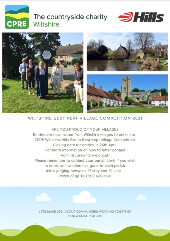 Images of villages in front of village sign.  Idyllic village scenes of Wiltshire.  Poster advertising Wiltshire best kept village